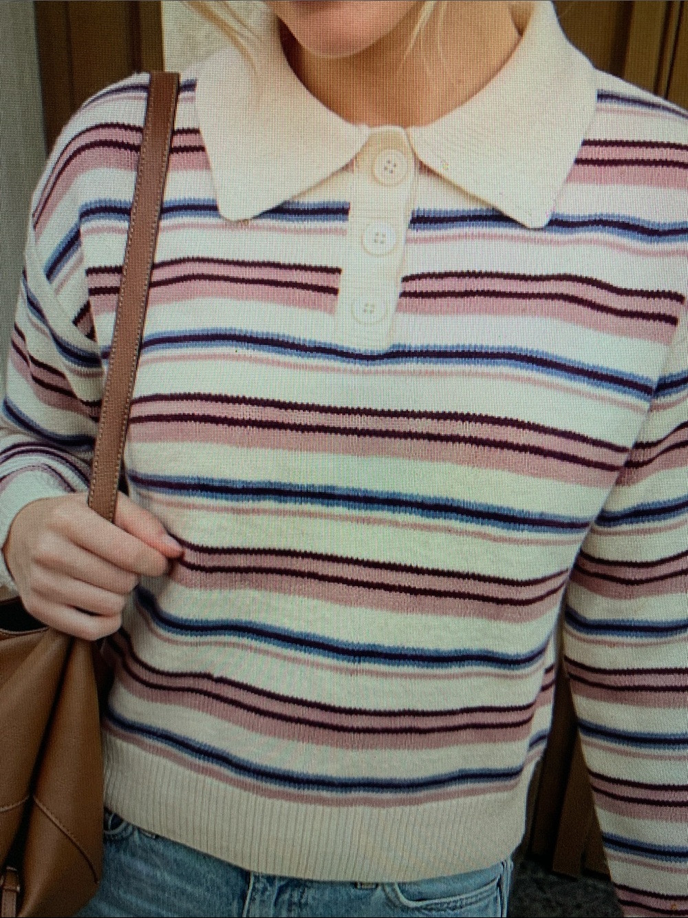 Striped Polo Collar Women's Sweater in Cream and Pink - Picture 2 of 5